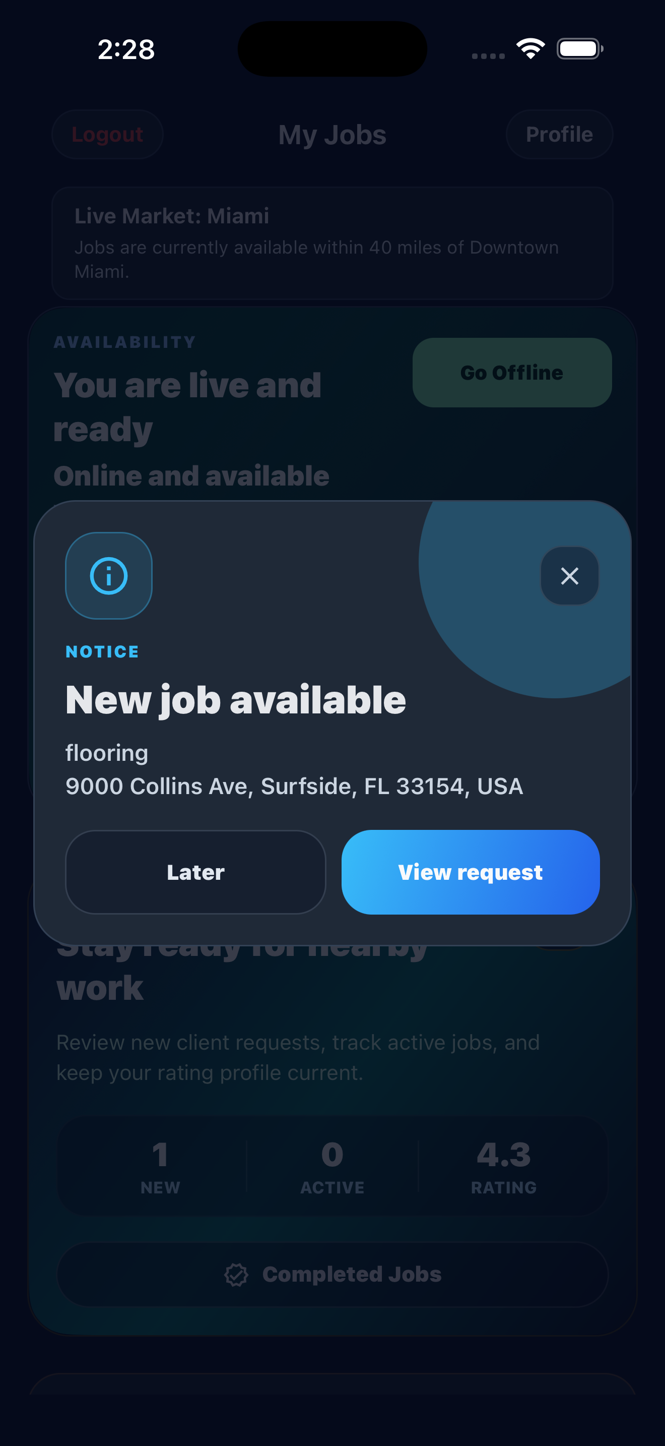 Technician receives new nearby request